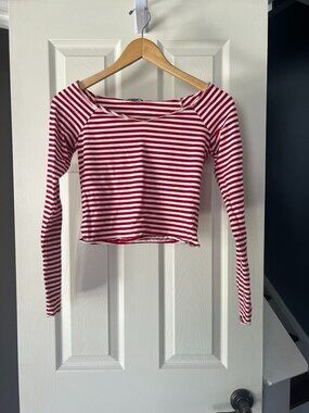 Wild Fable Red White Striped Crop Top Womens Small Long Sleeve Stretch Tee